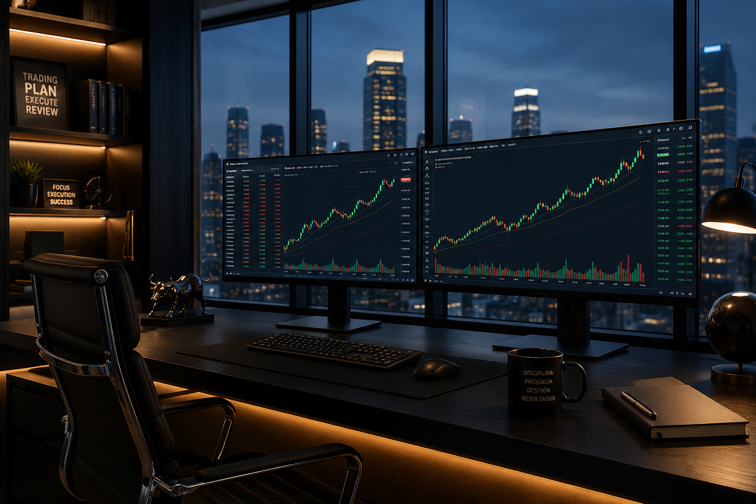 Despacho profesional de trading con pantallas y gr�ficos alcistas